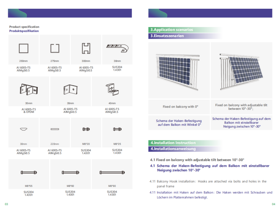 Solarmodul Halter für Balkongeländer Neigungsverstellbar