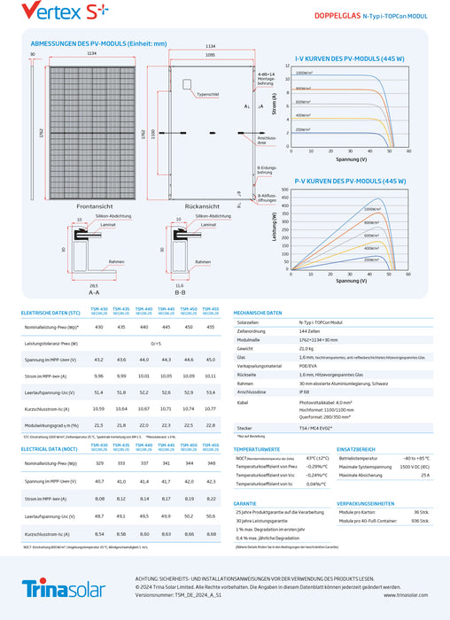 Trinasolar TSM-450NEG9R.28 Hochleistungssolarmodul Glas-Glas Vertex S+, 450Wp black frame