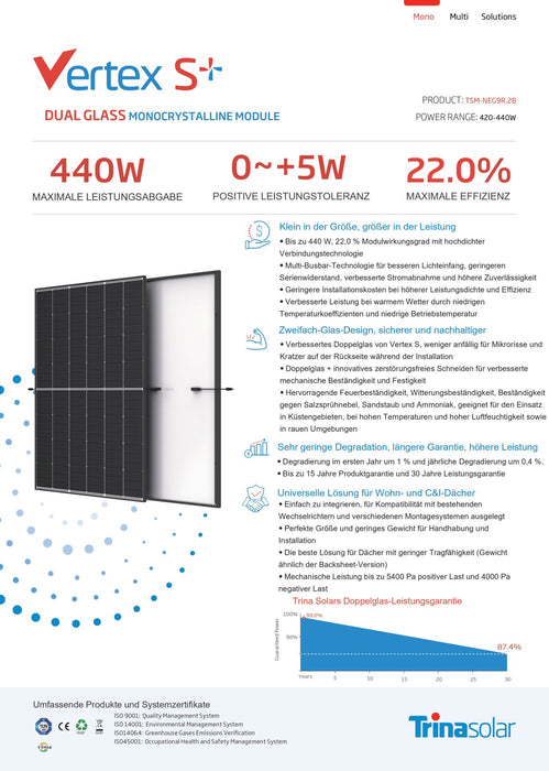 Trina Solar Vertex S TSM-NEG9R.28 430W Dual Glas Solarmodul - 0% MWST (ANGEBOT GEMÄSS§12 ABS.3 USTG)