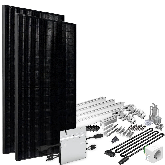 Solar-Direct 820W HM-600 Balkonkraftwerk Full Black Einspeisesteckdose - 15m Anschlusskabel – Montageset Ziegeldach