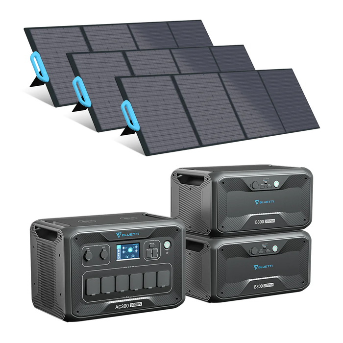 Bluetti AC300 Powerstation Basis Modul + 2 x Bluetti B300 Batterie Modul 3072 Wh + 3 x  Bluetti Solarmodul PV200, 200 W faltbares Solarmodul